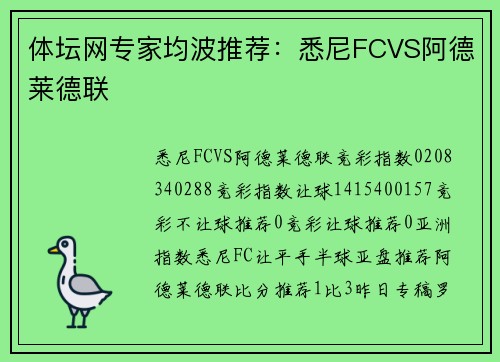 体坛网专家均波推荐：悉尼FCVS阿德莱德联